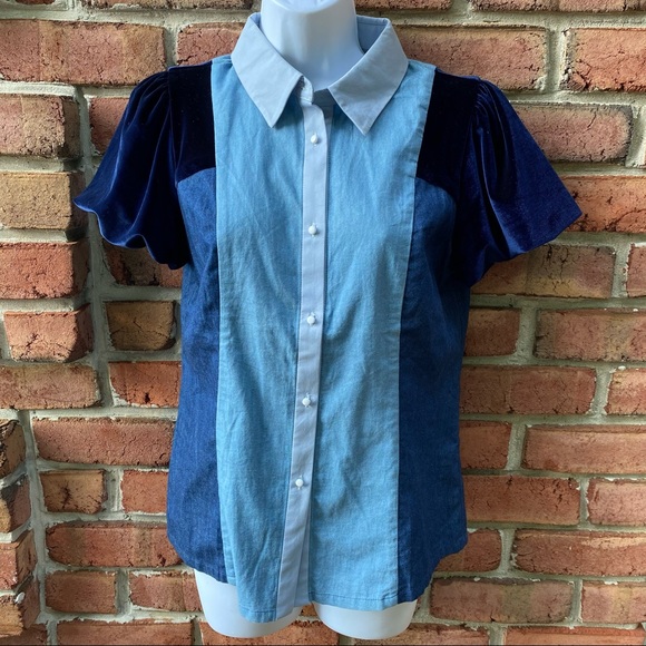 Blue Color Block Velvet & Chambray Button Shirt S - Picture 1 of 8